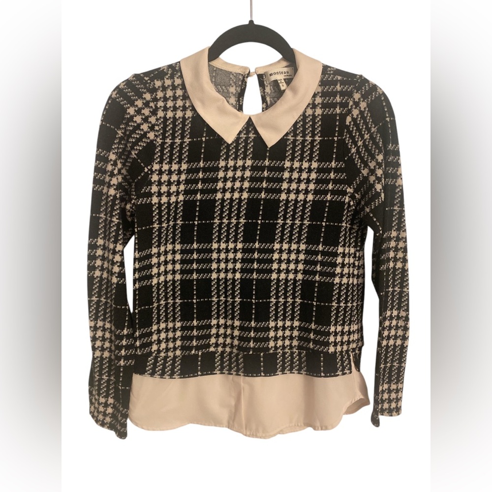 Monteau Chic Black and Cream Plaid Women's Top S GUC